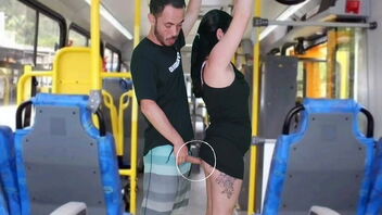 A freak of a confident age pleasing himself until he cums on a brunette on the bus.