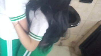 Unexperienced schoolgirl gets it on with Latina babe in the bathroom of a P.E class.