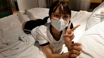 Xnxx flick of a pretty Japanese doll with wonderful legs in milky stockings.