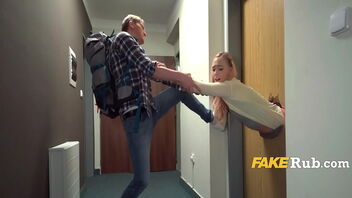Stuck in a door and enjoying a scorching threesome with a funny twist.