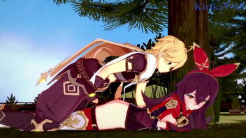 Steamy anime porn action with Amber and Fischl from Genshin Impact